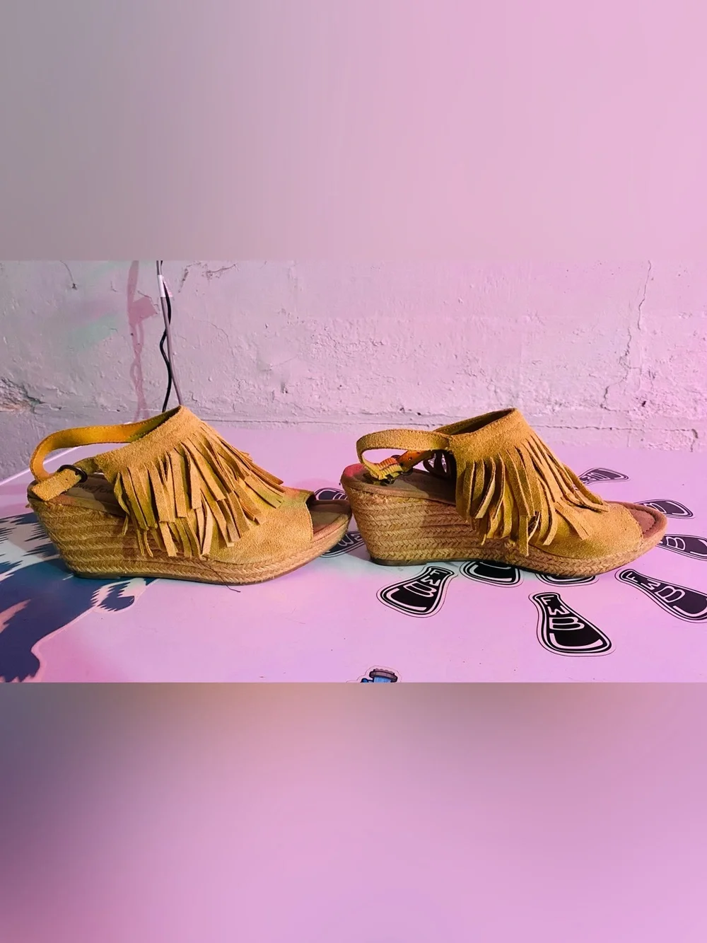 Minnetonka Suede Fringe Espadrille Wedge Sandals - Mustard